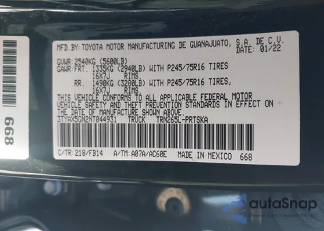 2022 Toyota Tacoma Sr z USA, uszkodzony, nr VIN 3TYAX5GN2NT044931
